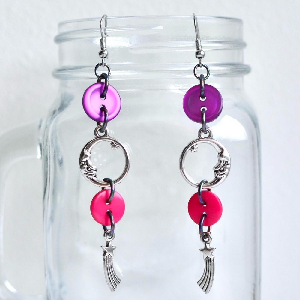 Pink and Purple Buttons Dangle Earrings with Star Charms